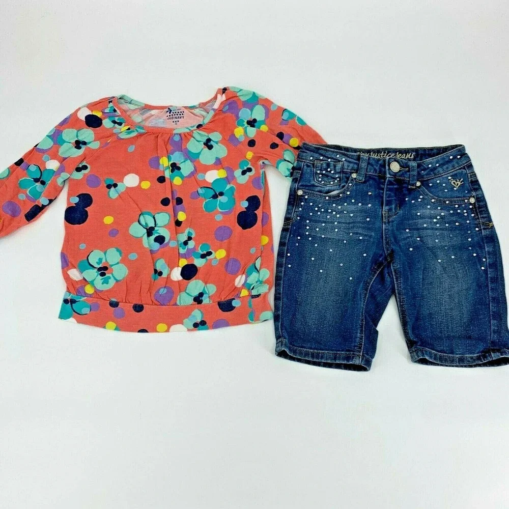 Old Navy Justice Shirt Shorts Outfit Floral Jean Denim Simply Low Sz M 8S